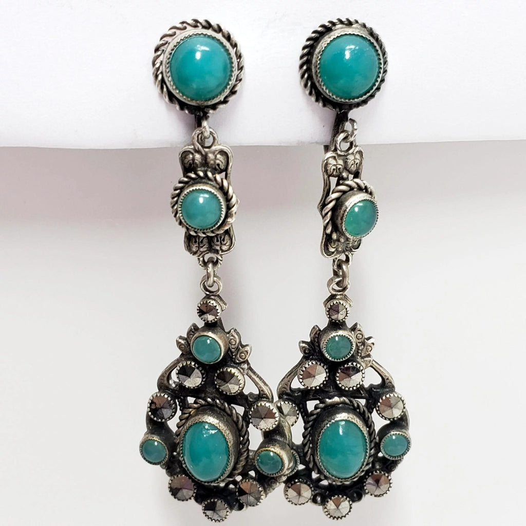 Antique Early Art Deco Silver Plate Marcasite Green Czech Glass Dangle Earrings