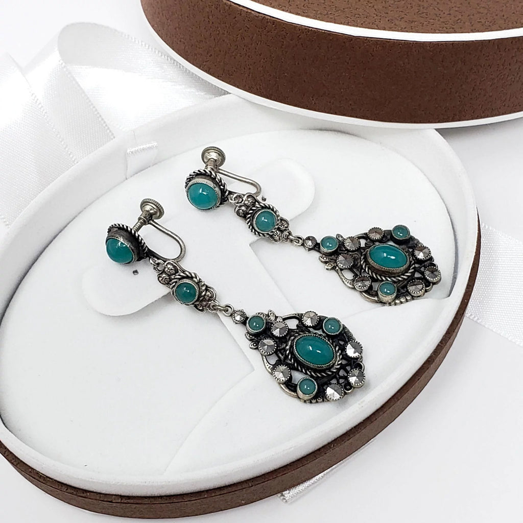 Antique Early Art Deco Silver Plate Marcasite Green Czech Glass Dangle Earrings