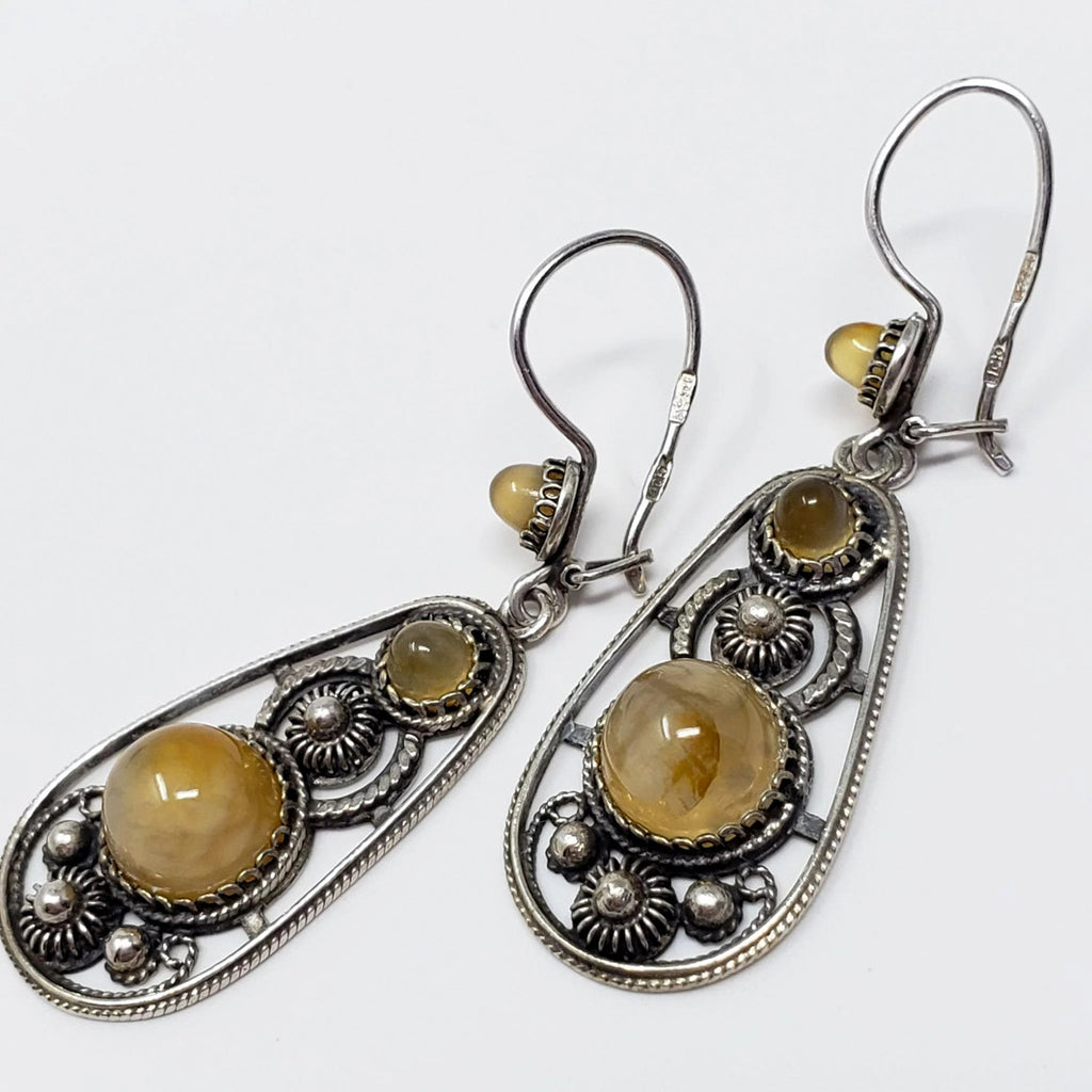 Antique Russian USSR Soviet Era Hallmark Dangling Silver Earrings With Natural Gemstones