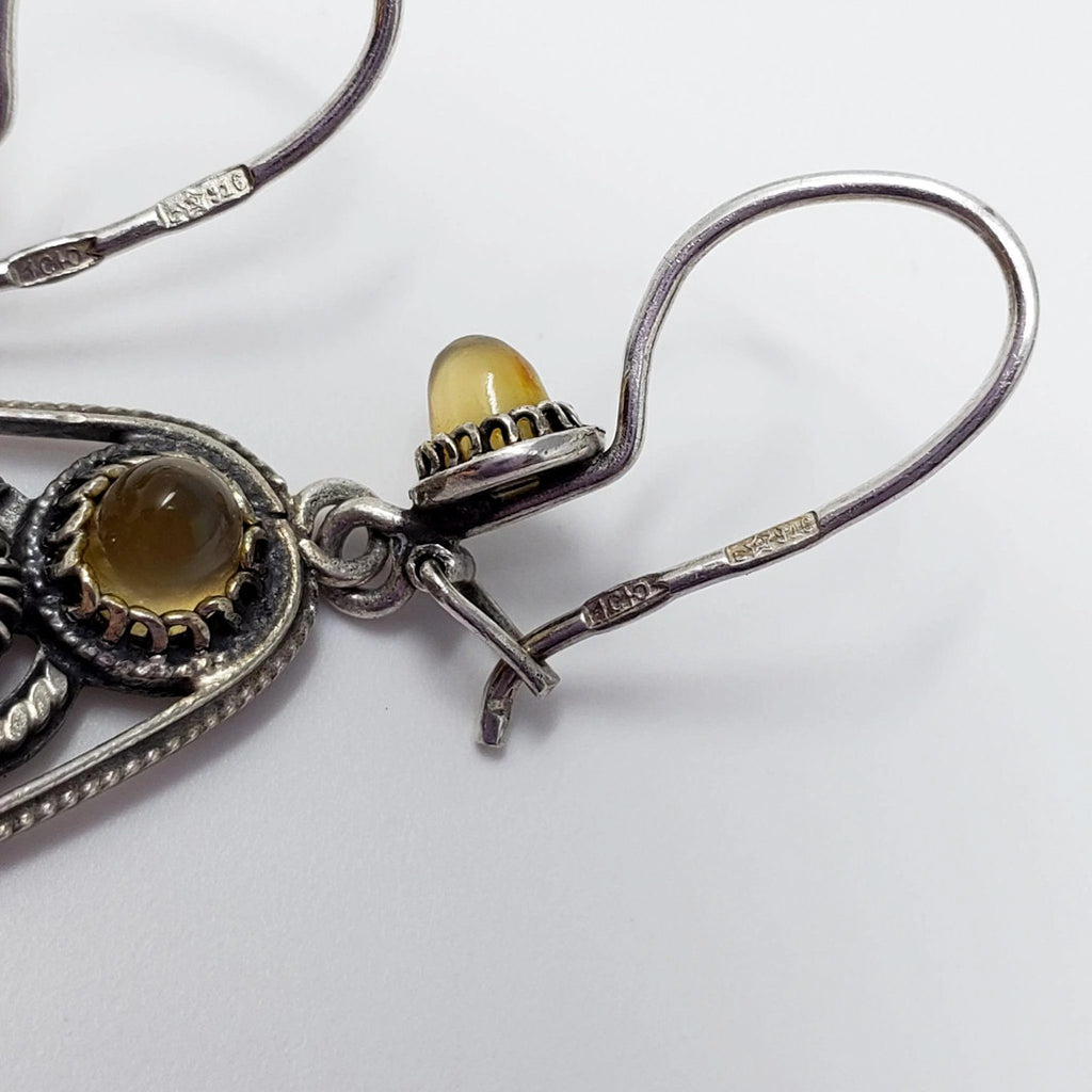 Antique Russian USSR Soviet Era Hallmark Dangling Silver Earrings With Natural Gemstones