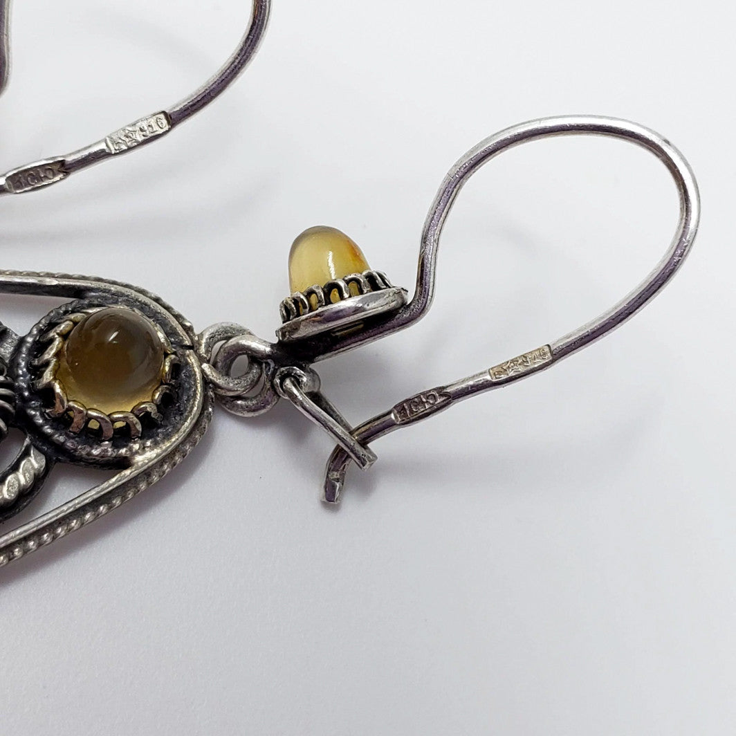 Antique Russian USSR Soviet Era Hallmark Dangling Silver Earrings With Natural Gemstones