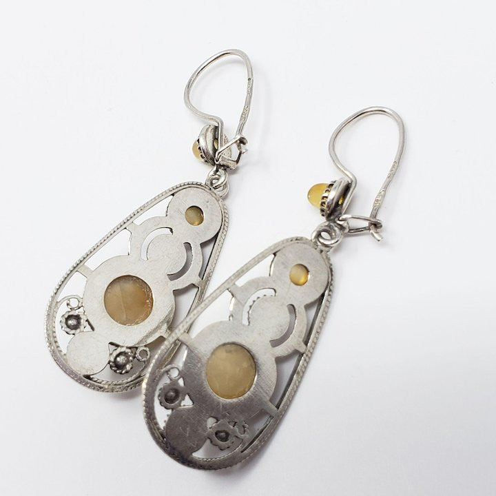 Antique Russian USSR Soviet Era Hallmark Dangling Silver Earrings With Natural Gemstones