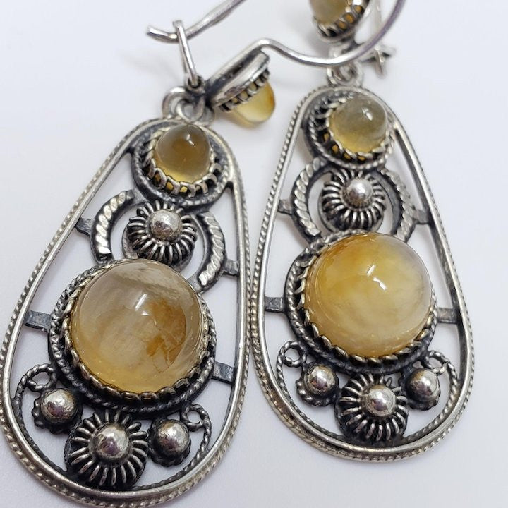 Antique Russian USSR Soviet Era Hallmark Dangling Silver Earrings With Natural Gemstones