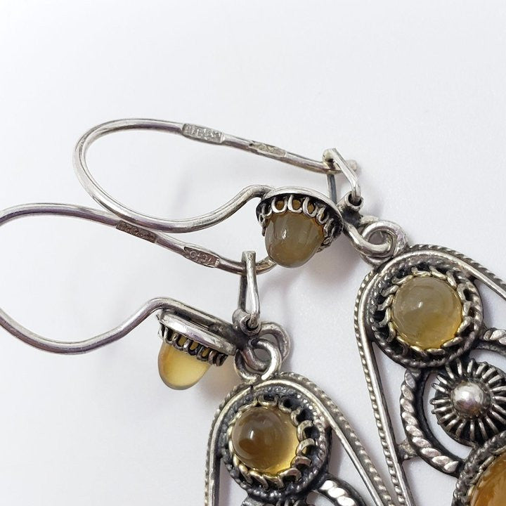 Antique Russian USSR Soviet Era Hallmark Dangling Silver Earrings With Natural Gemstones