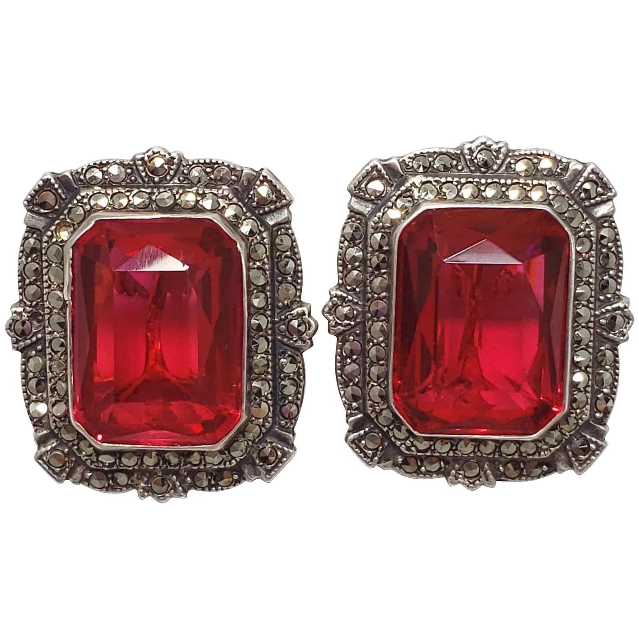 Antique Victorian Ruby-Colored Crystal & Marcasite Clip On Earrings in Sterling Silver