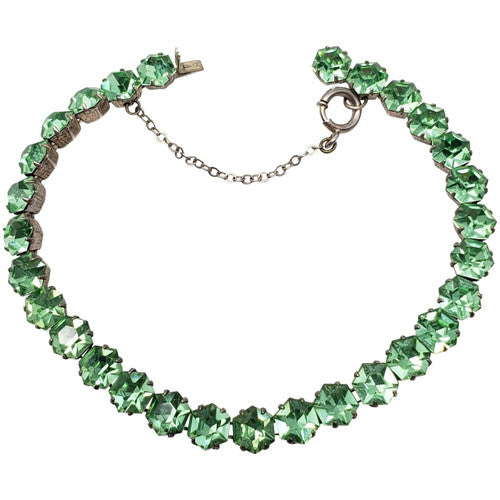 Antique Victorian Sterling Silver Faceted Peridot Colored Rhinestone Bracelet