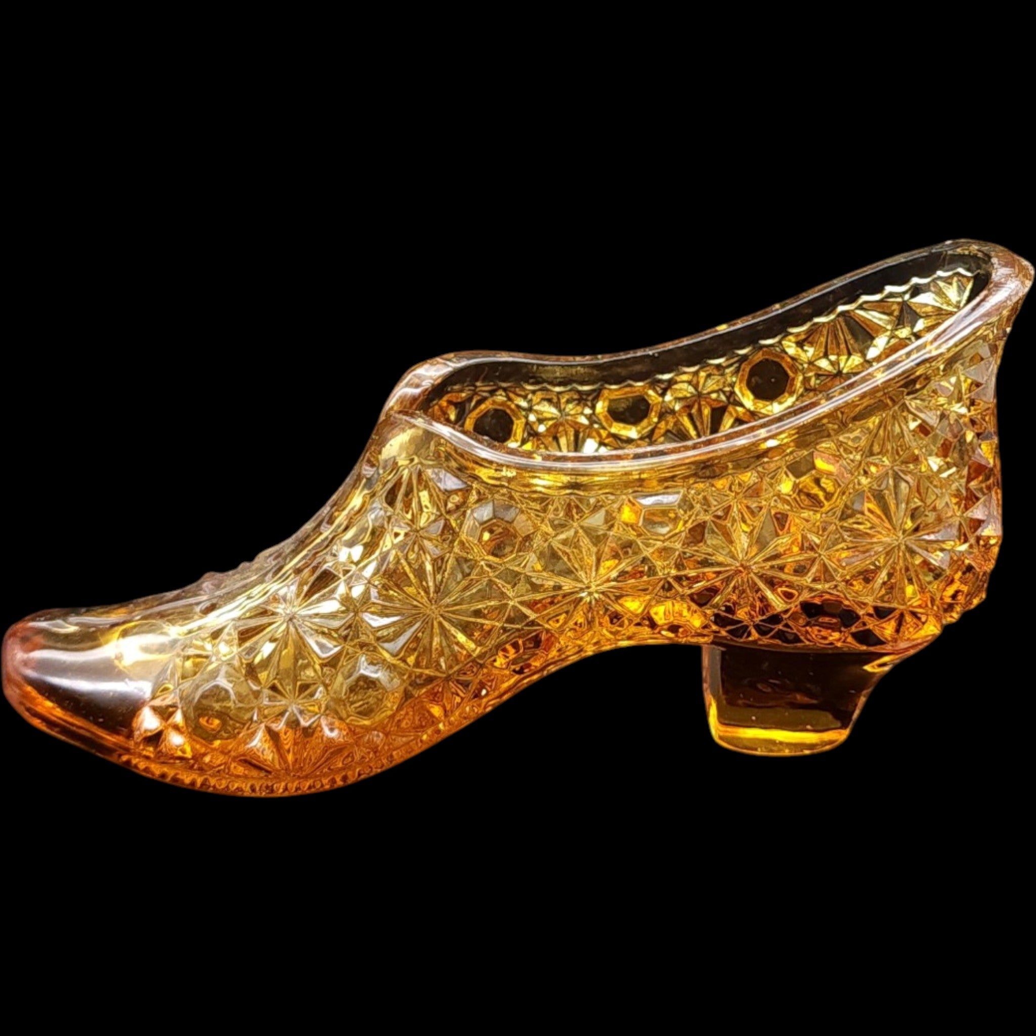 5" Antique 1886 George Duncan & Sons Amber EAPG Glass Slipper Pat. Oct 19 86