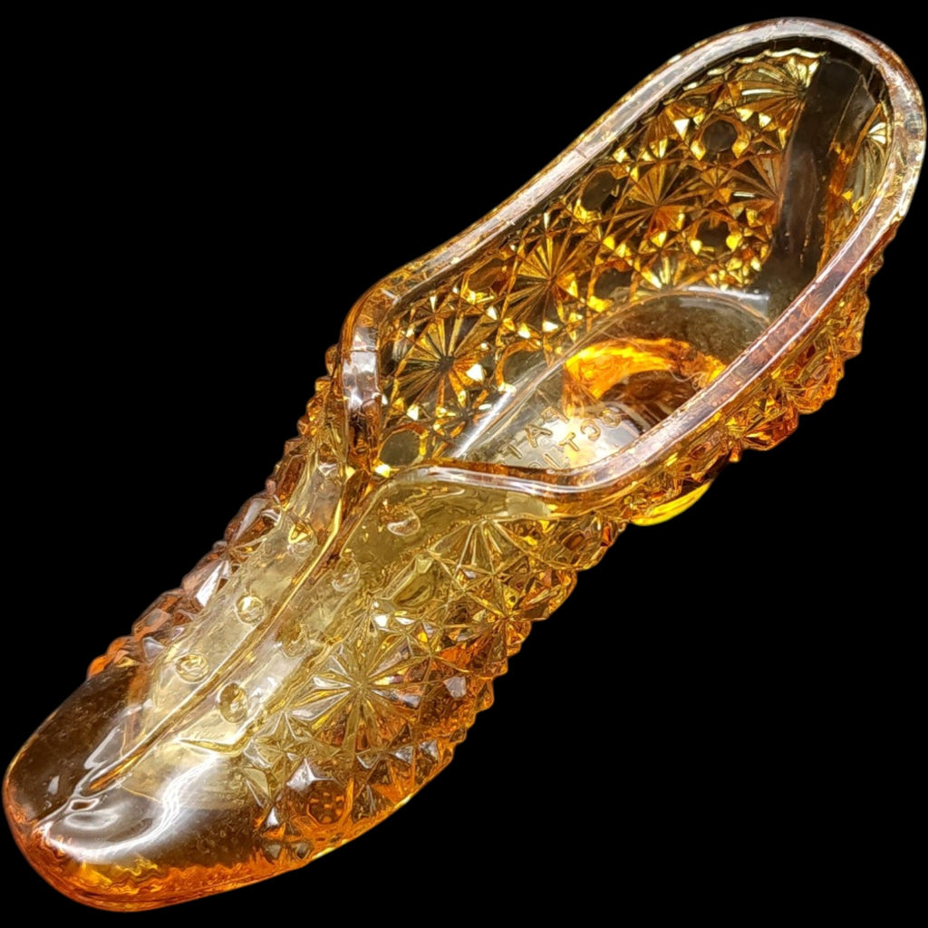 5" Antique 1886 George Duncan & Sons Amber EAPG Glass Slipper Pat. Oct 19 86