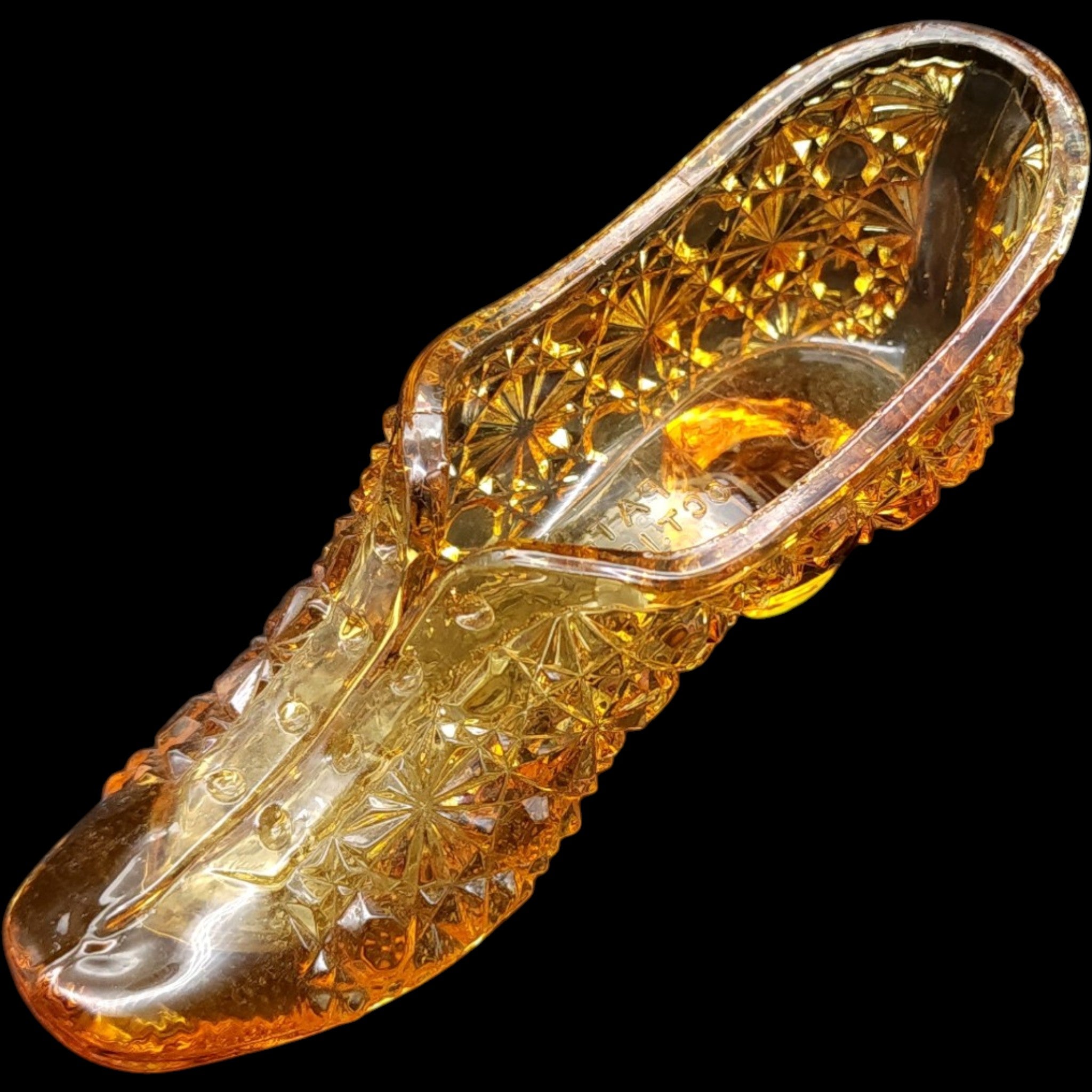 5" Antique 1886 George Duncan & Sons Amber EAPG Glass Slipper Pat. Oct 19 86