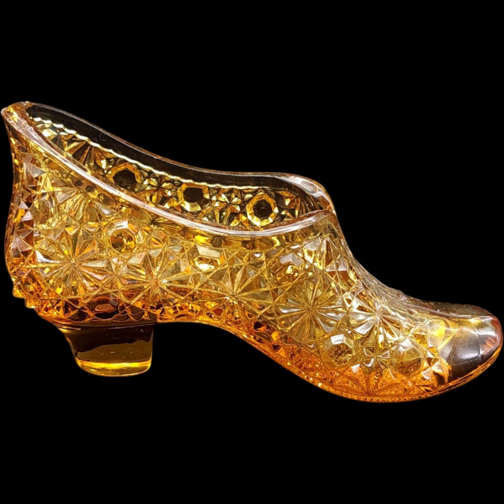 5" Antique 1886 George Duncan & Sons Amber EAPG Glass Slipper Pat. Oct 19 86