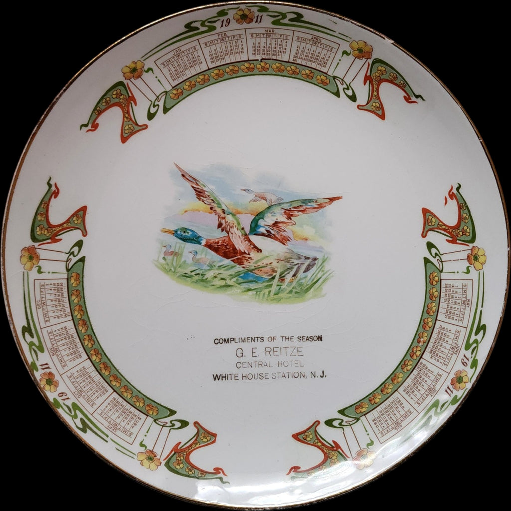 Antique 1911 Calendar Plate G E Reitze Central Hotel White House Station NJ Globe China Plate
