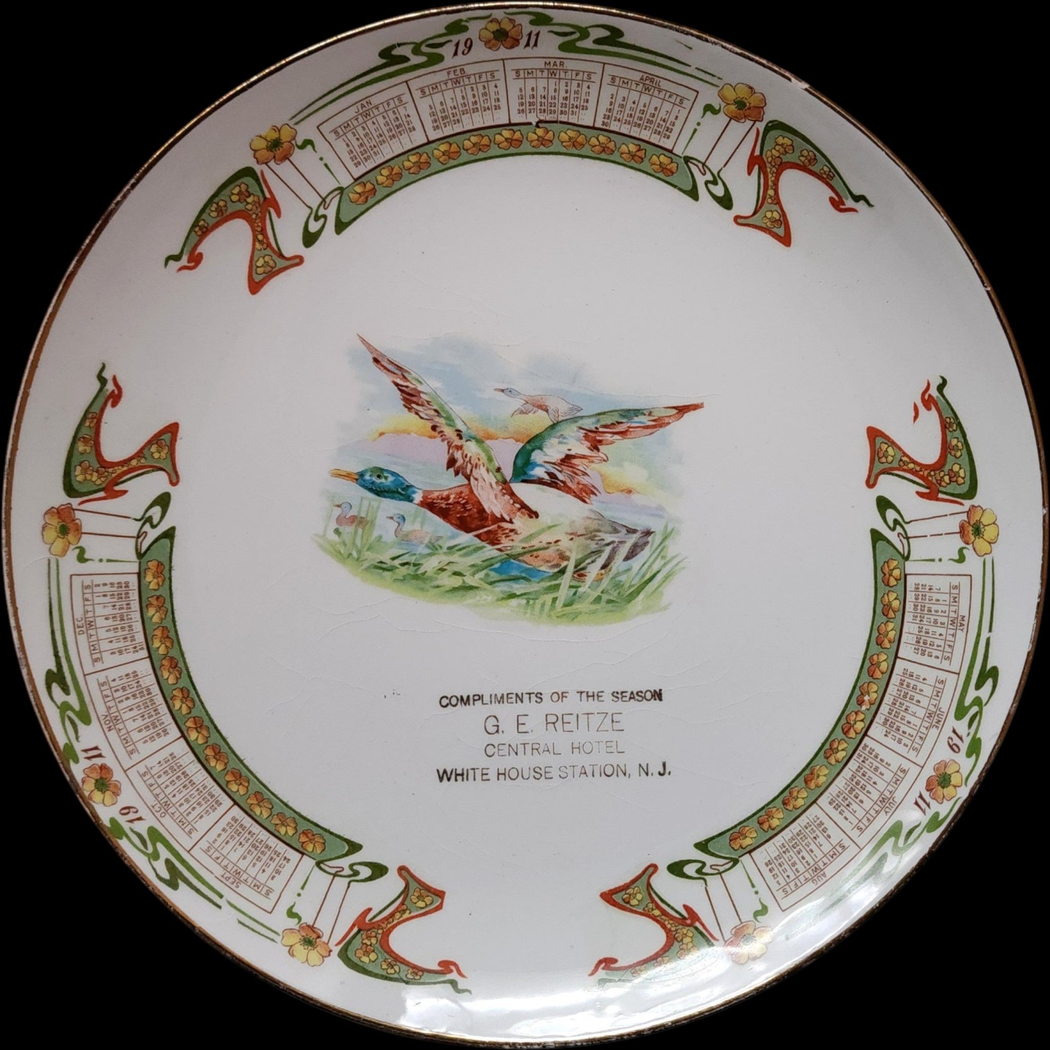 Antique 1911 Calendar Plate G E Reitze Central Hotel White House Station NJ Globe China Plate