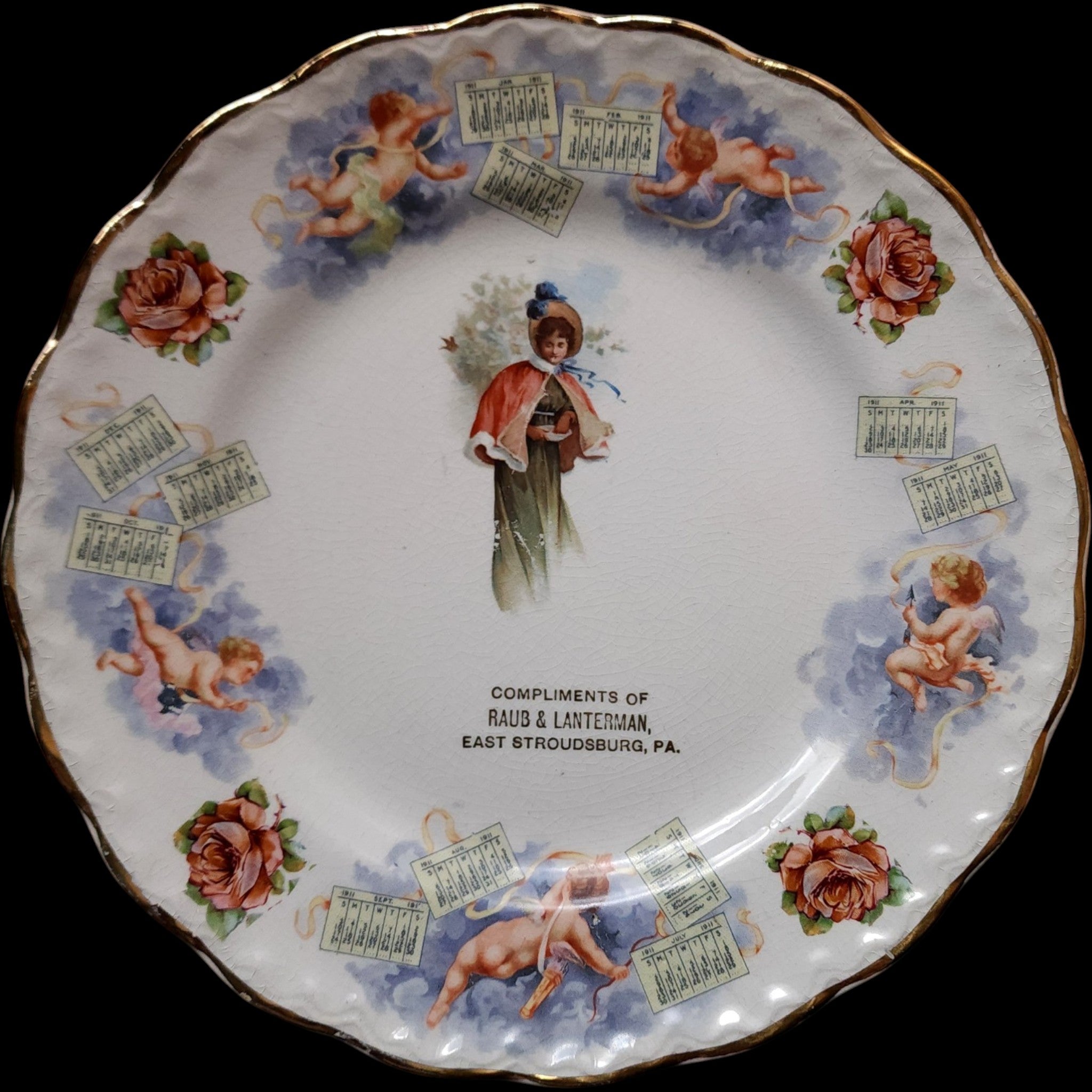 Antique 1911 Calendar Plate Raub & Lanterman East Stroudsburg PA Cannonsburg Pottery Plate