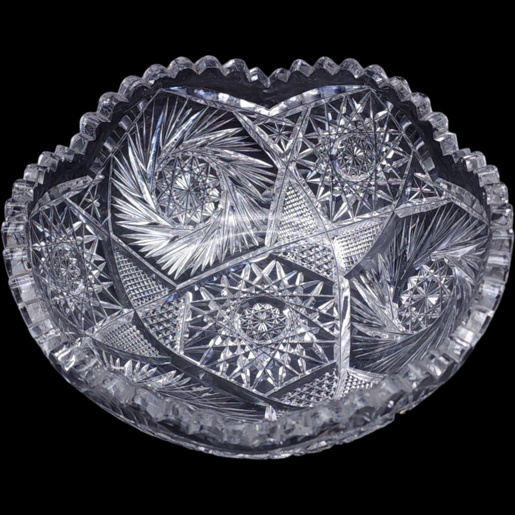 Antique American Brilliant Cut Glass Bowl Star Pinwheel Sawtooth Rim