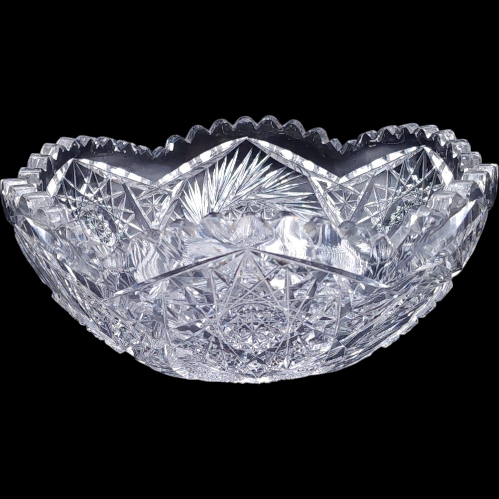 Antique American Brilliant Cut Glass Bowl Star Pinwheel Sawtooth Rim