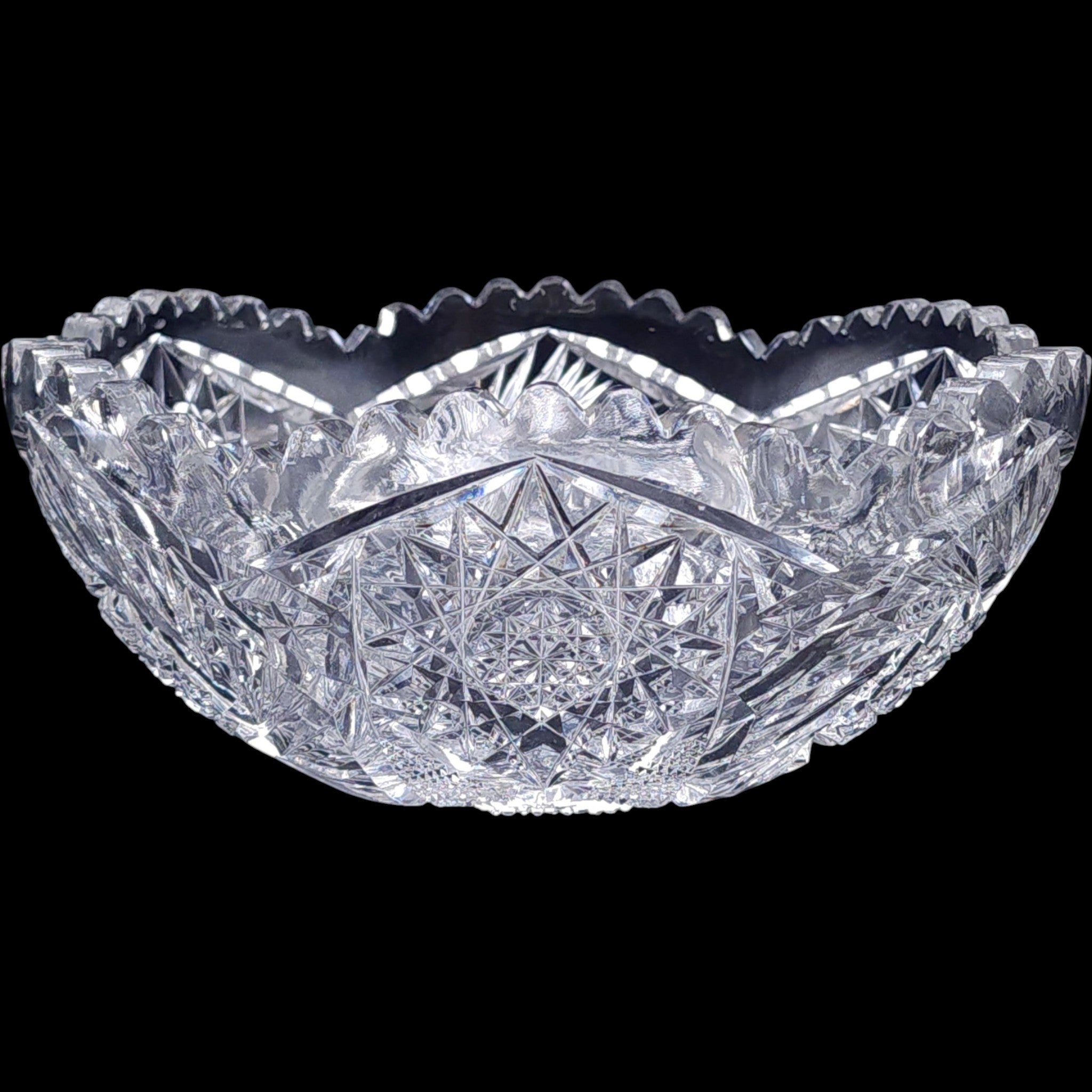 Antique American Brilliant Cut Glass Bowl Star Pinwheel Sawtooth Rim