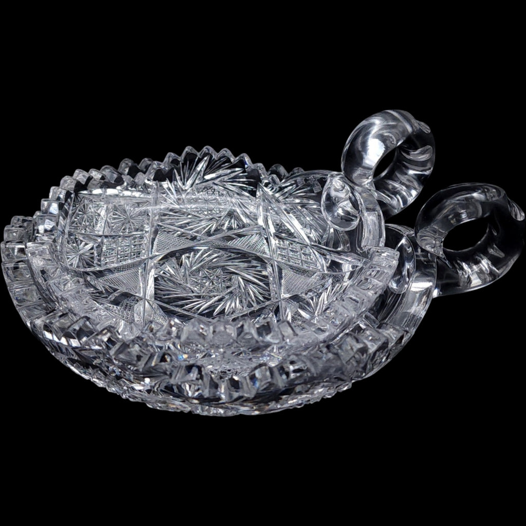Antique American Brilliant Period Cut Crystal Handled Nappy Dishes - Pair