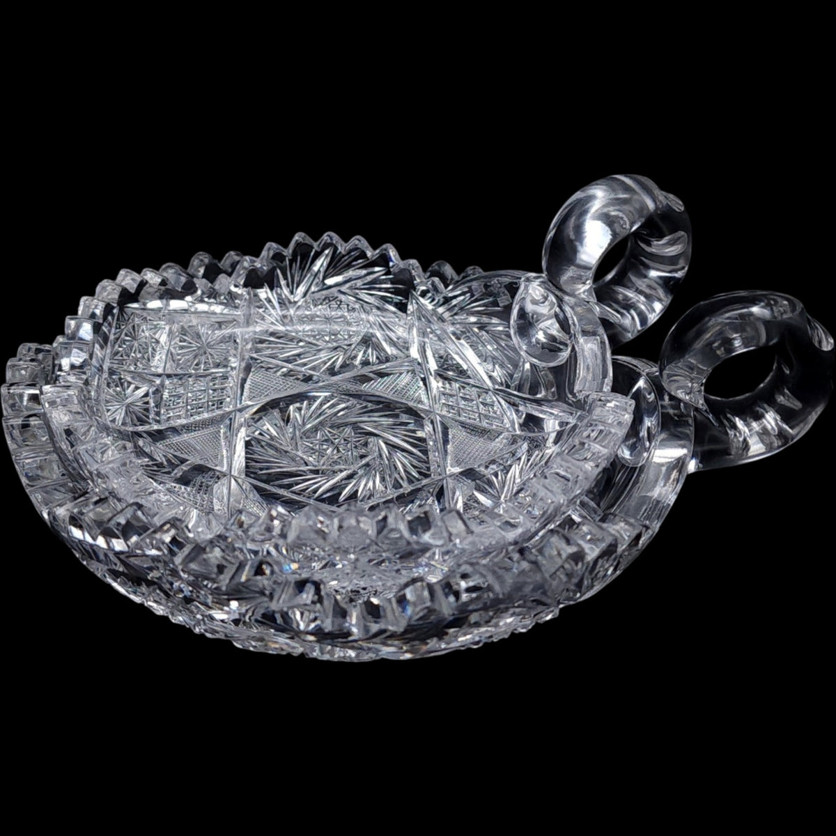 Antique American Brilliant Period Cut Crystal Handled Nappy Dishes - Pair