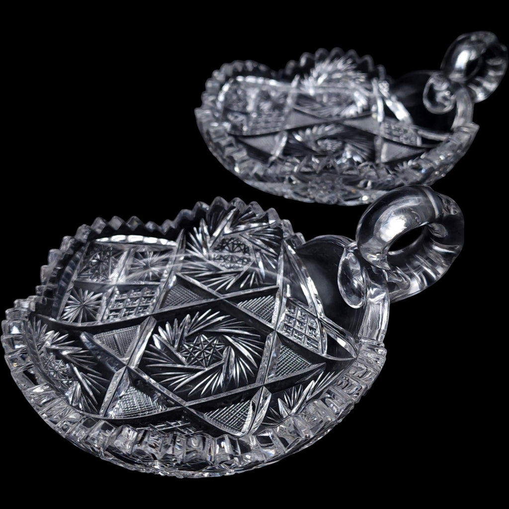 Antique American Brilliant Period Cut Crystal Handled Nappy Dishes - Pair