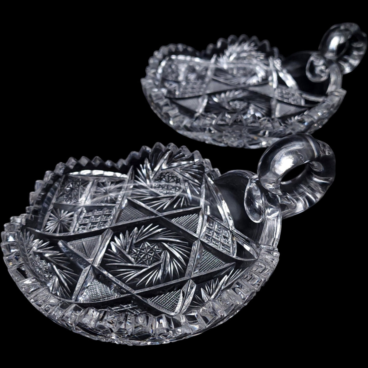 Antique American Brilliant Period Cut Crystal Handled Nappy Dishes - Pair