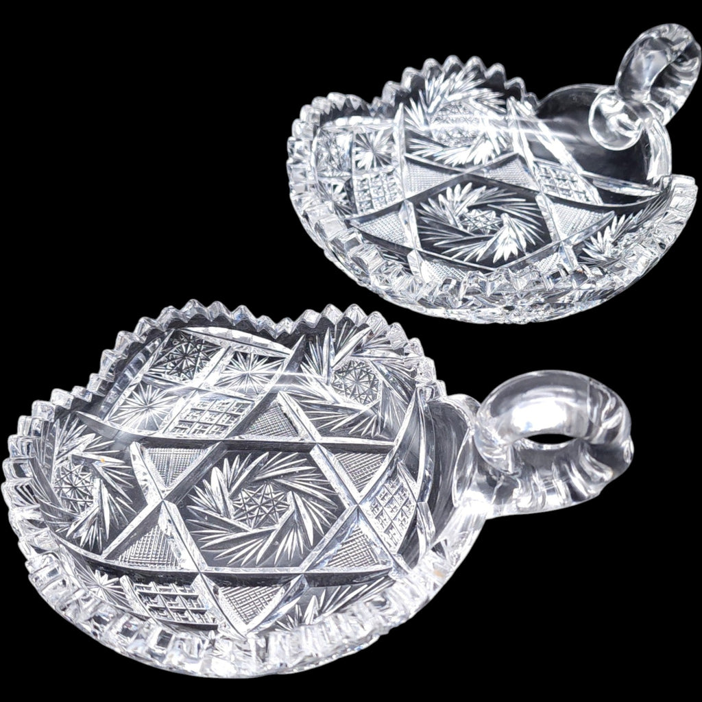 Antique American Brilliant Period Cut Crystal Handled Nappy Dishes - Pair