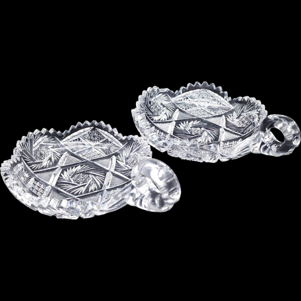 Antique American Brilliant Period Cut Crystal Handled Nappy Dishes - Pair