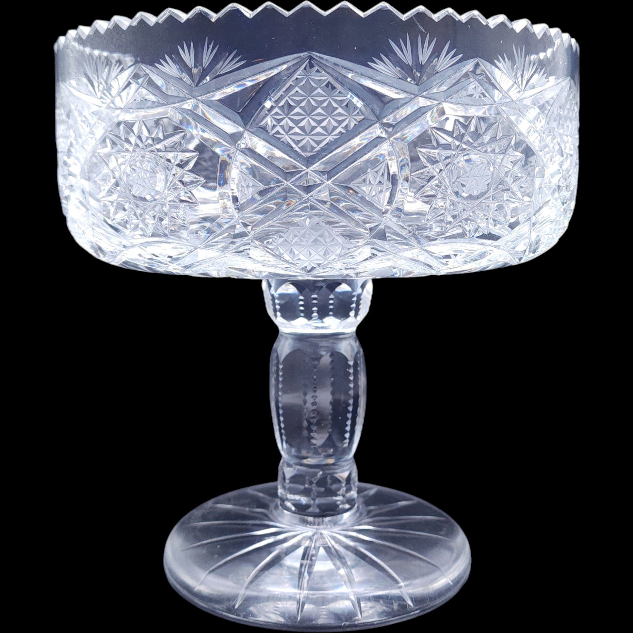 9" Antique American Brilliant Period Cut Crystal Pedestal Compote Bowl