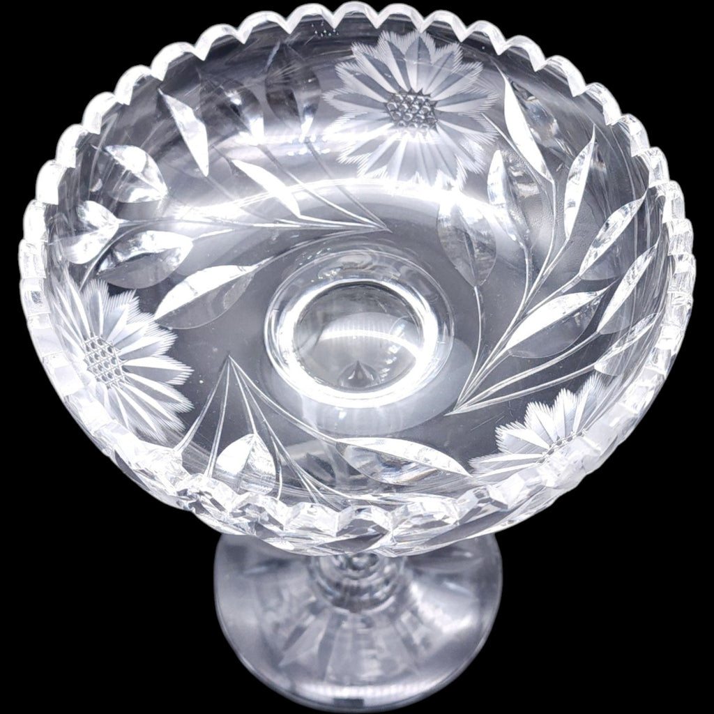 Vintage Floral Etched Cut Crystal Pedestal Compote Dish
