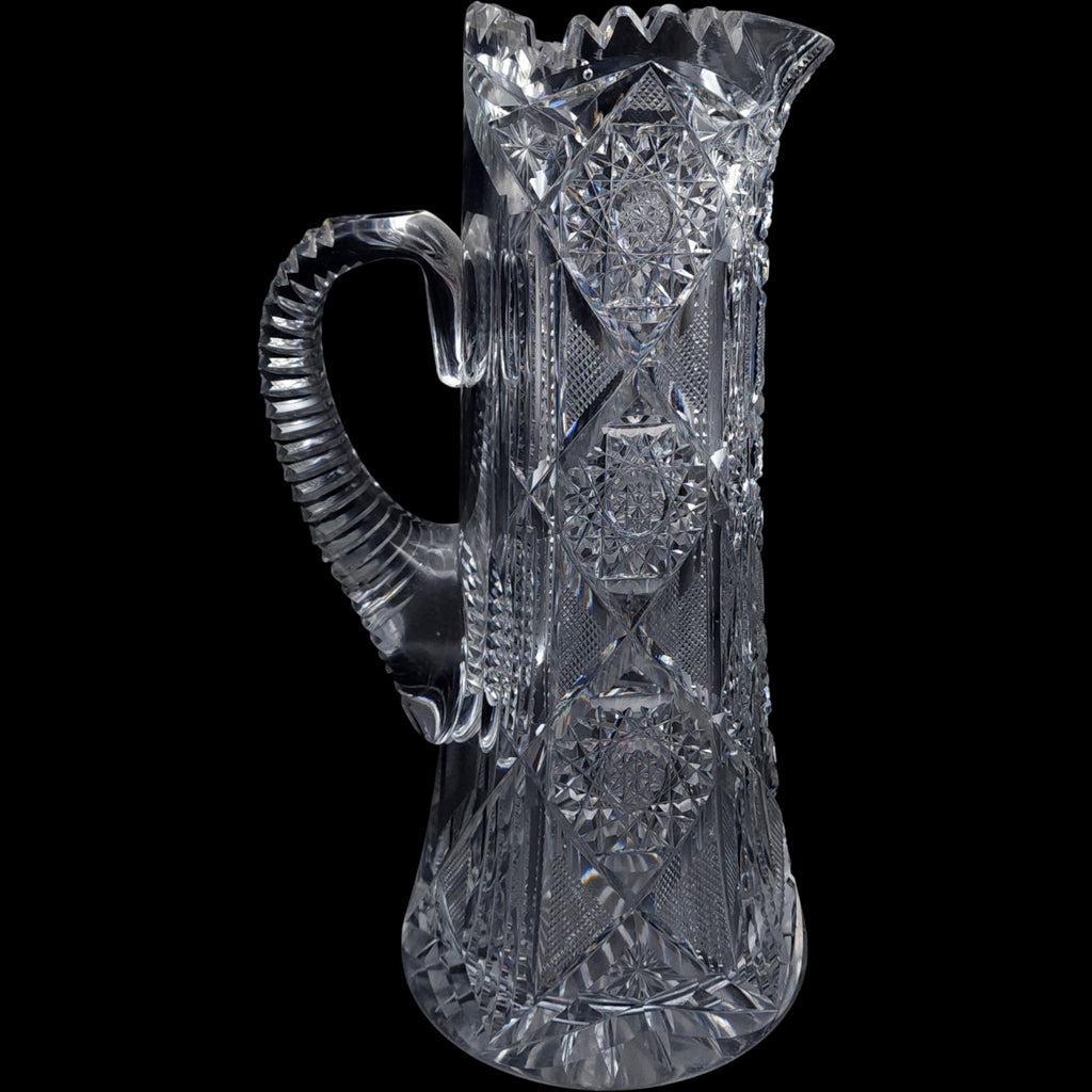 Antique American Brilliant Period Cut Crystal Pitcher Sawtooth Rim & Hobstar Pattern