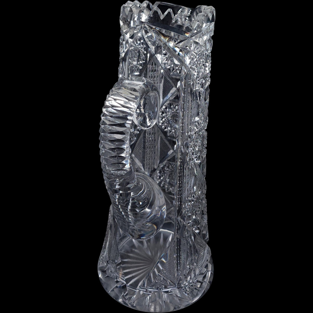 Antique American Brilliant Period Cut Crystal Pitcher Sawtooth Rim & Hobstar Pattern