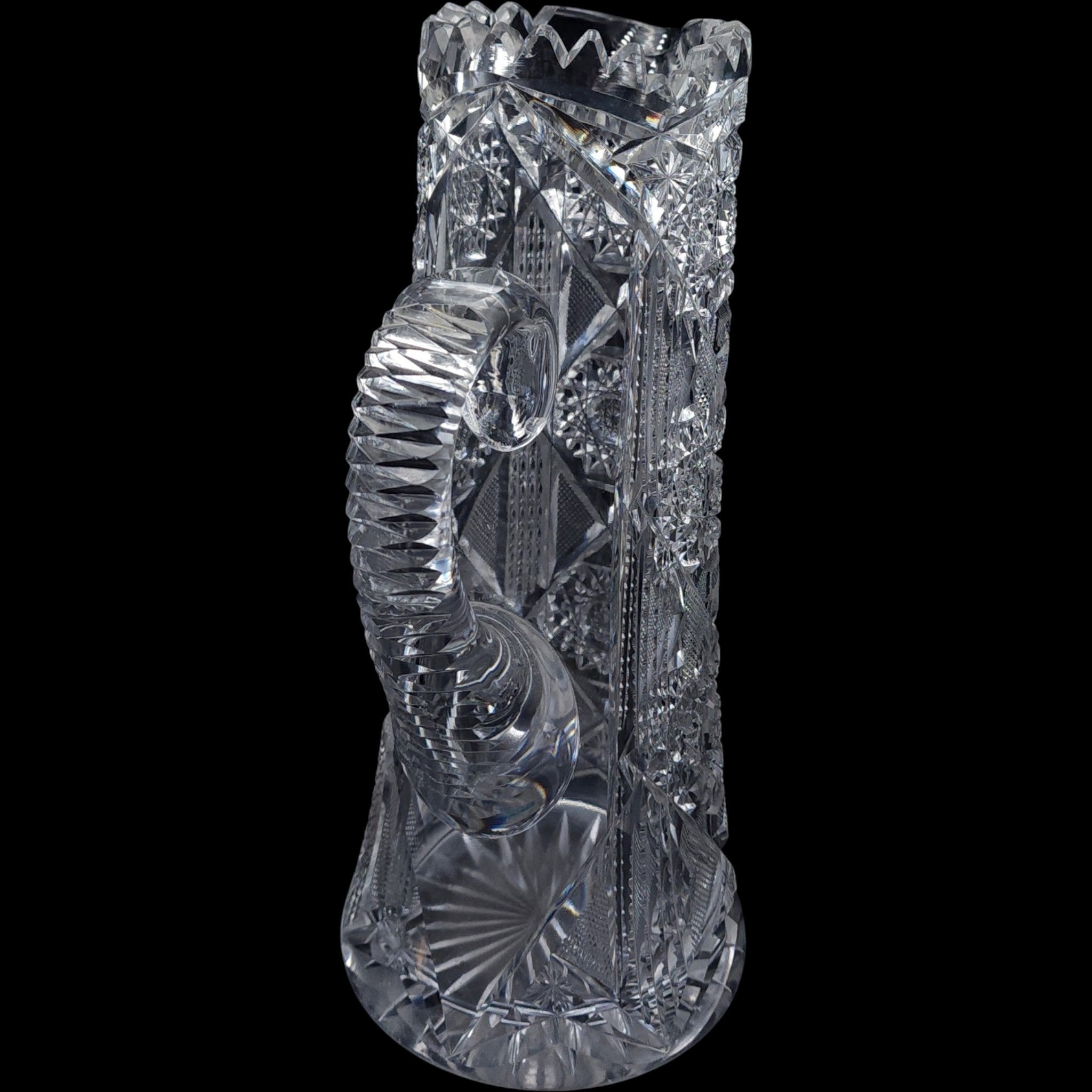 Antique American Brilliant Period Cut Crystal Pitcher Sawtooth Rim & Hobstar Pattern