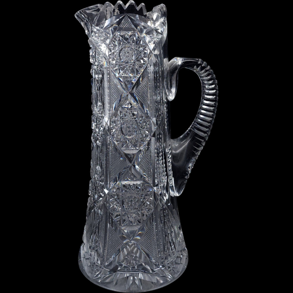 Antique American Brilliant Period Cut Crystal Pitcher Sawtooth Rim & Hobstar Pattern