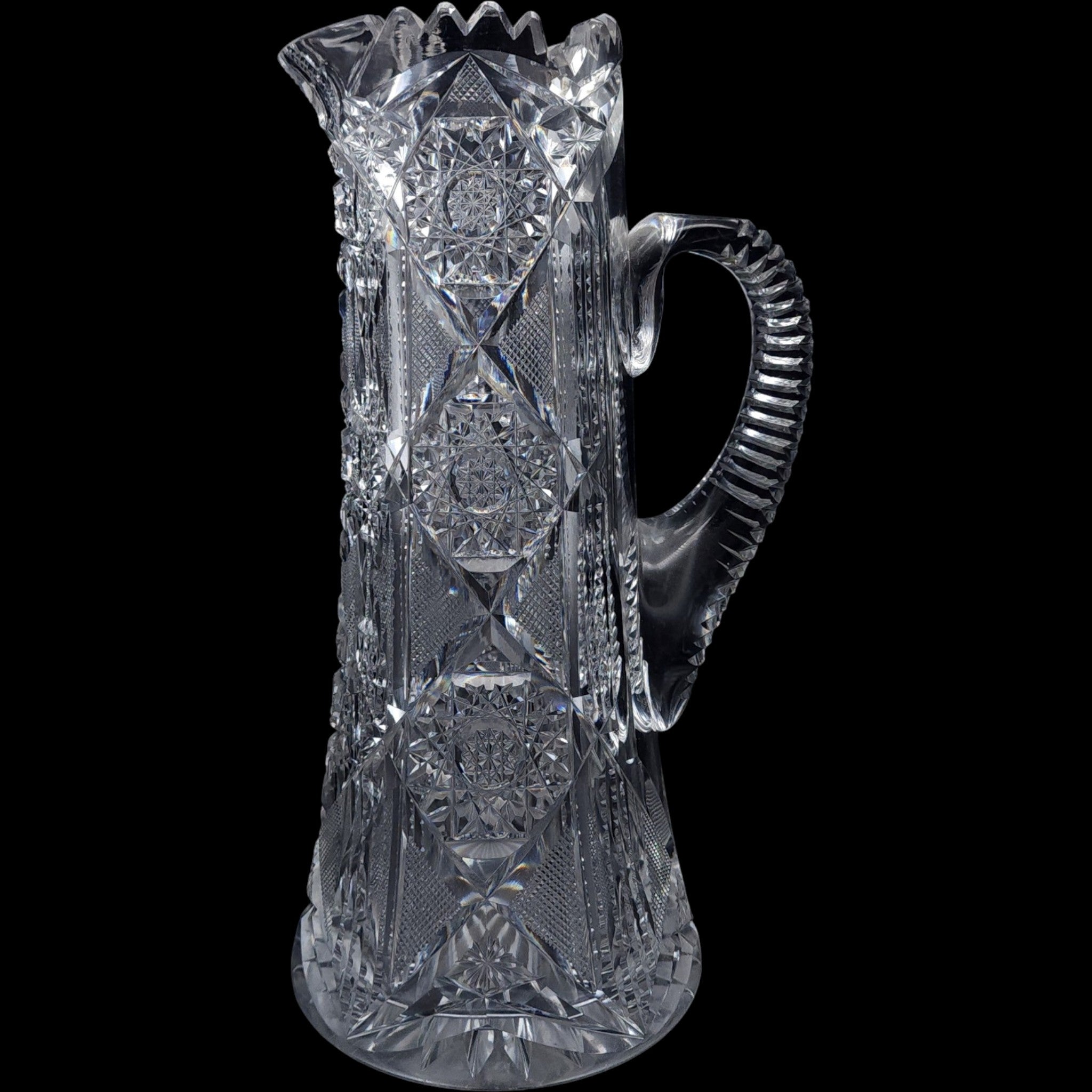 Antique American Brilliant Period Cut Crystal Pitcher Sawtooth Rim & Hobstar Pattern