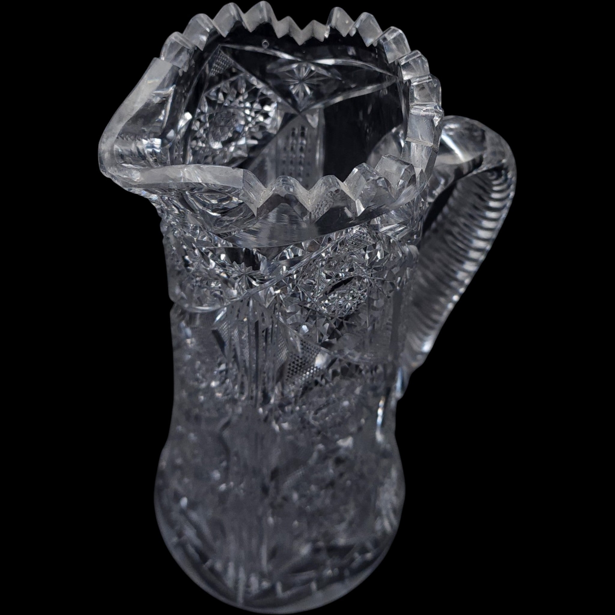 Antique American Brilliant Period Cut Crystal Pitcher Sawtooth Rim & Hobstar Pattern