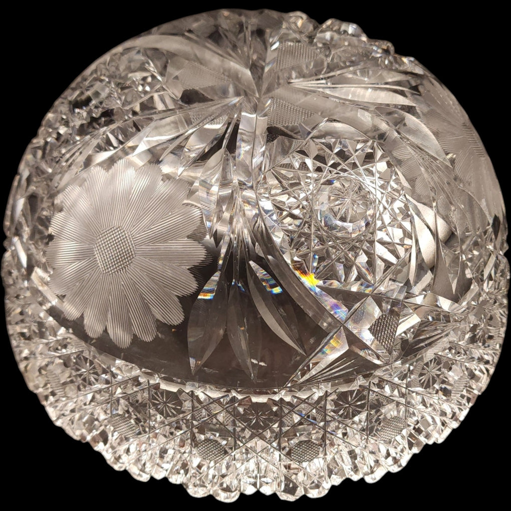 Antique American Brilliant Period Cut Glass Daisy & Button Large Bowl