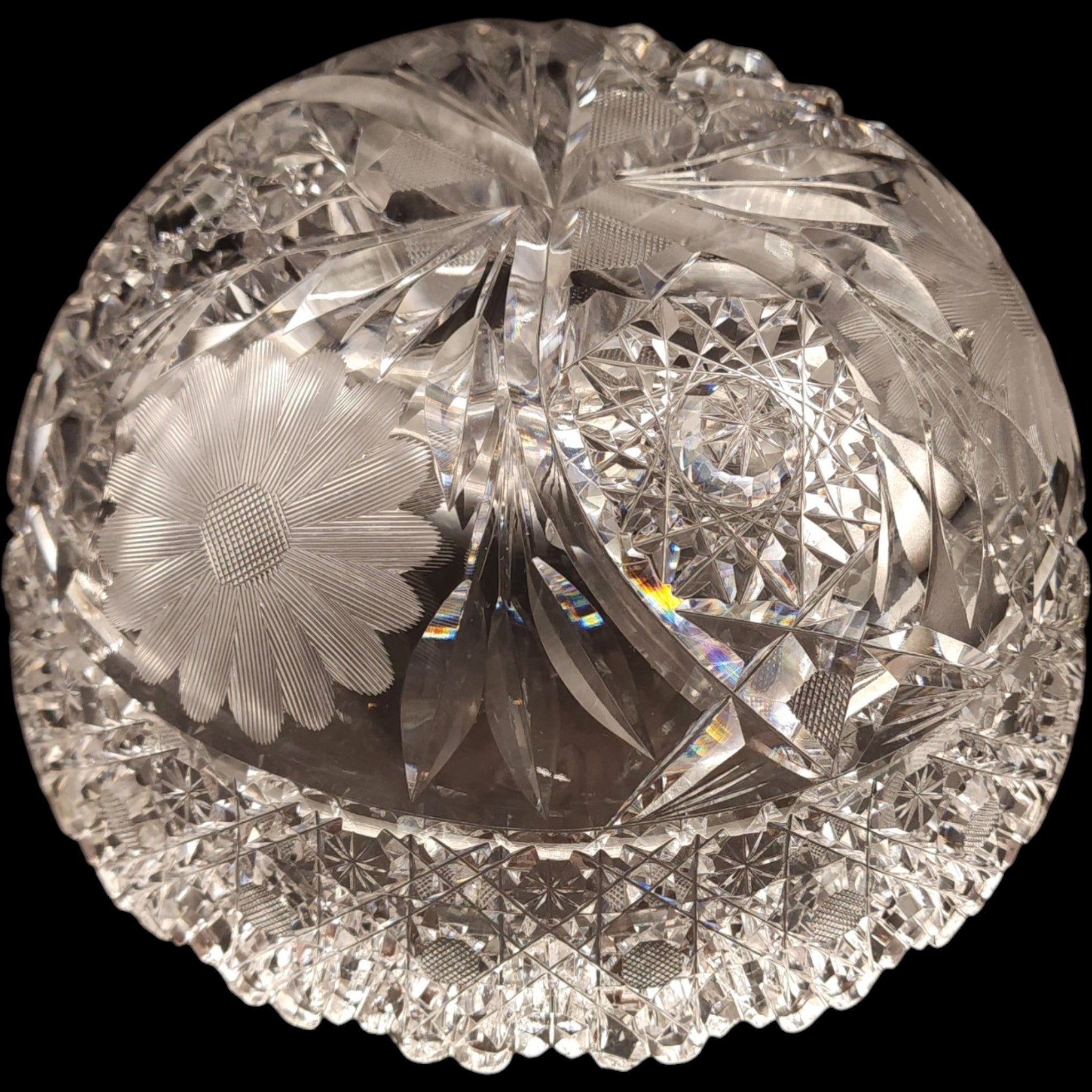 Antique American Brilliant Period Cut Glass Daisy & Button Large Bowl