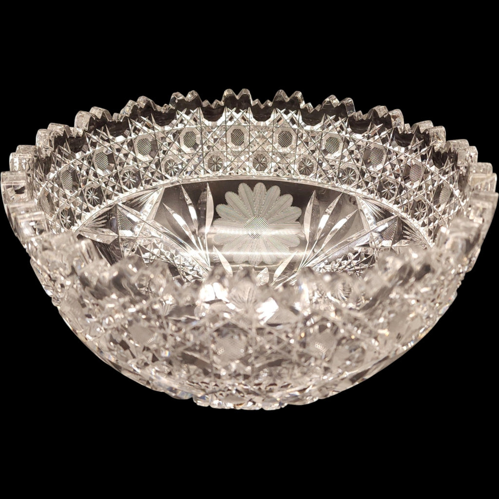 Antique American Brilliant Period Cut Glass Daisy & Button Large Bowl
