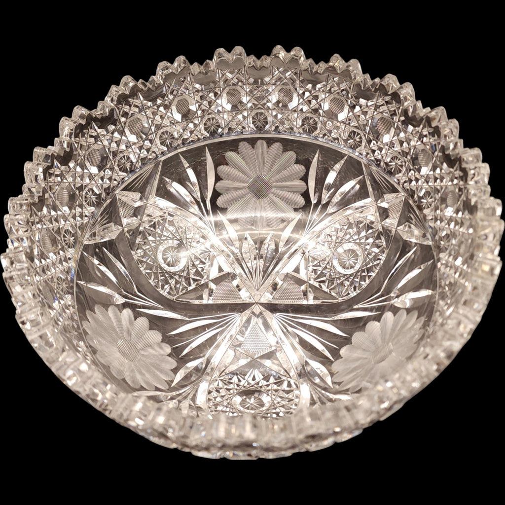 Antique American Brilliant Period Cut Glass Daisy & Button Large Bowl