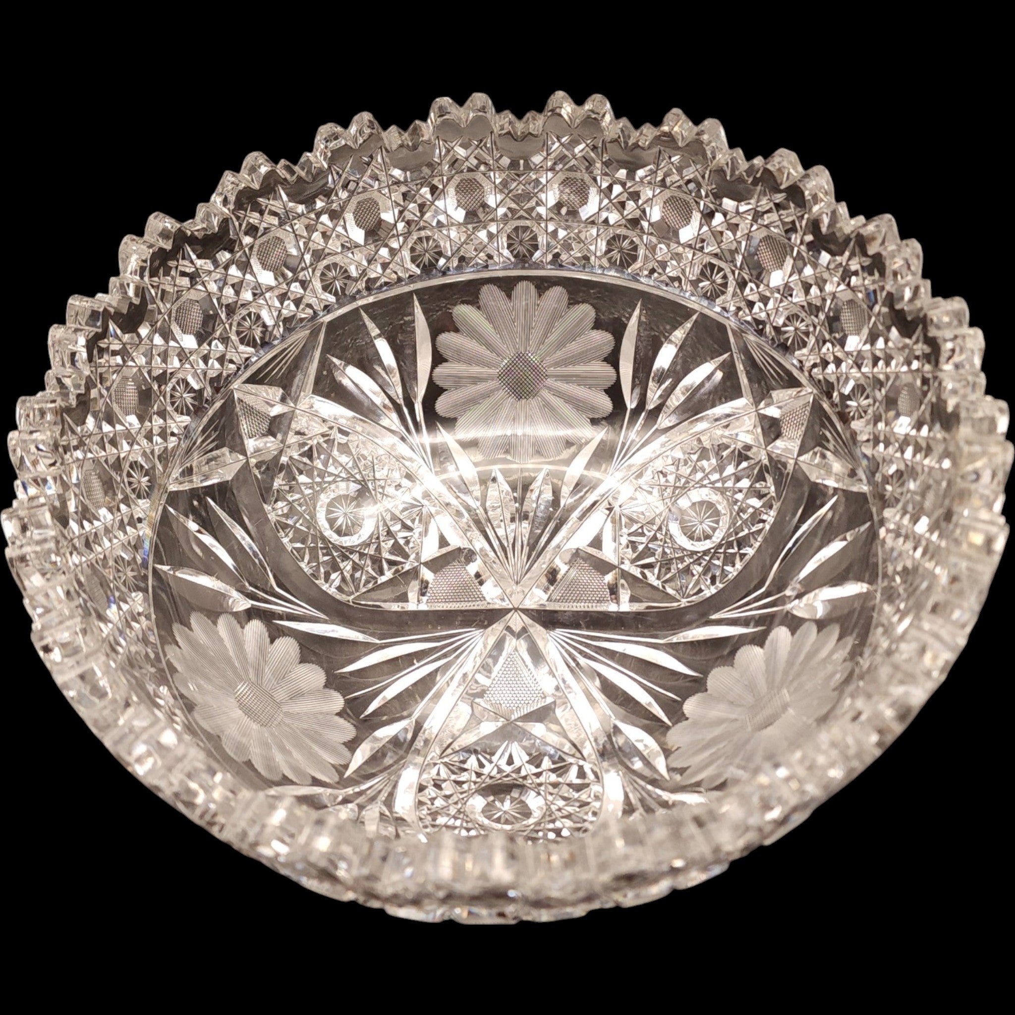Antique American Brilliant Period Cut Glass Daisy & Button Large Bowl