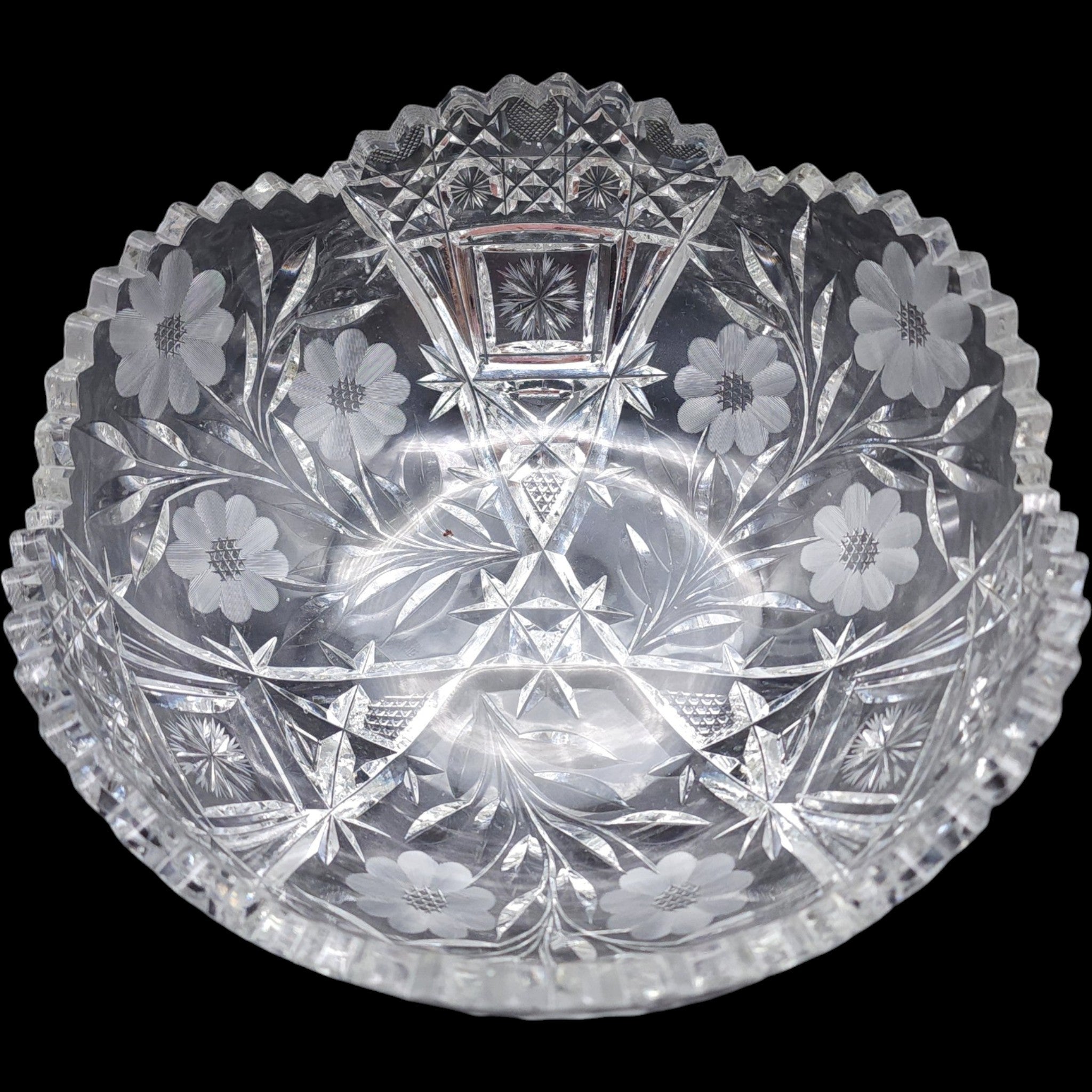 Antique American Brilliant Period Cut Glass Floral Bowl 8"