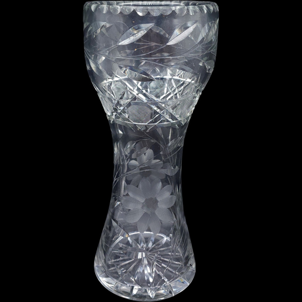 12" Antique American Brilliant Period Cut Glass Hourglass Vase Daisy Pattern