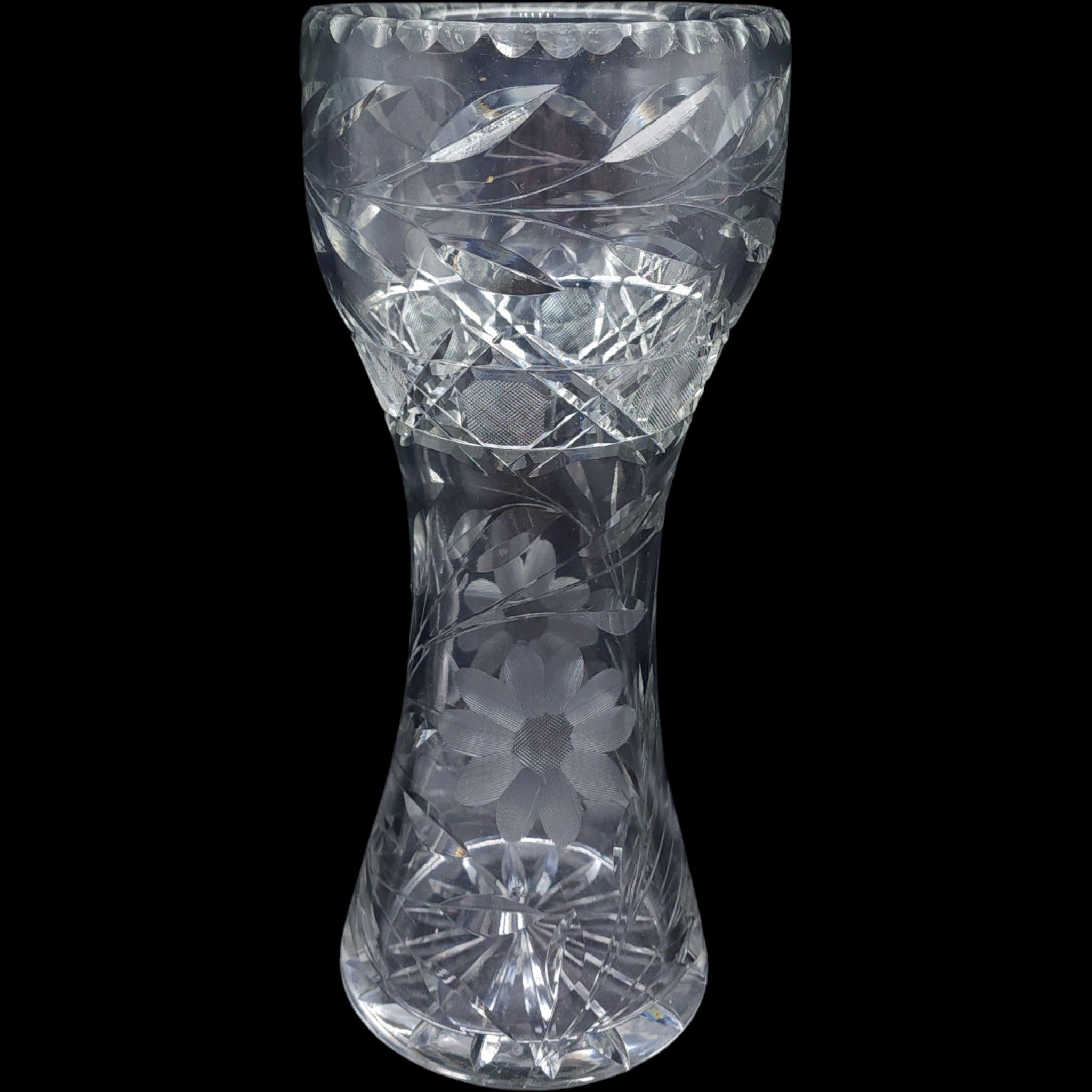 12" Antique American Brilliant Period Cut Glass Hourglass Vase Daisy Pattern