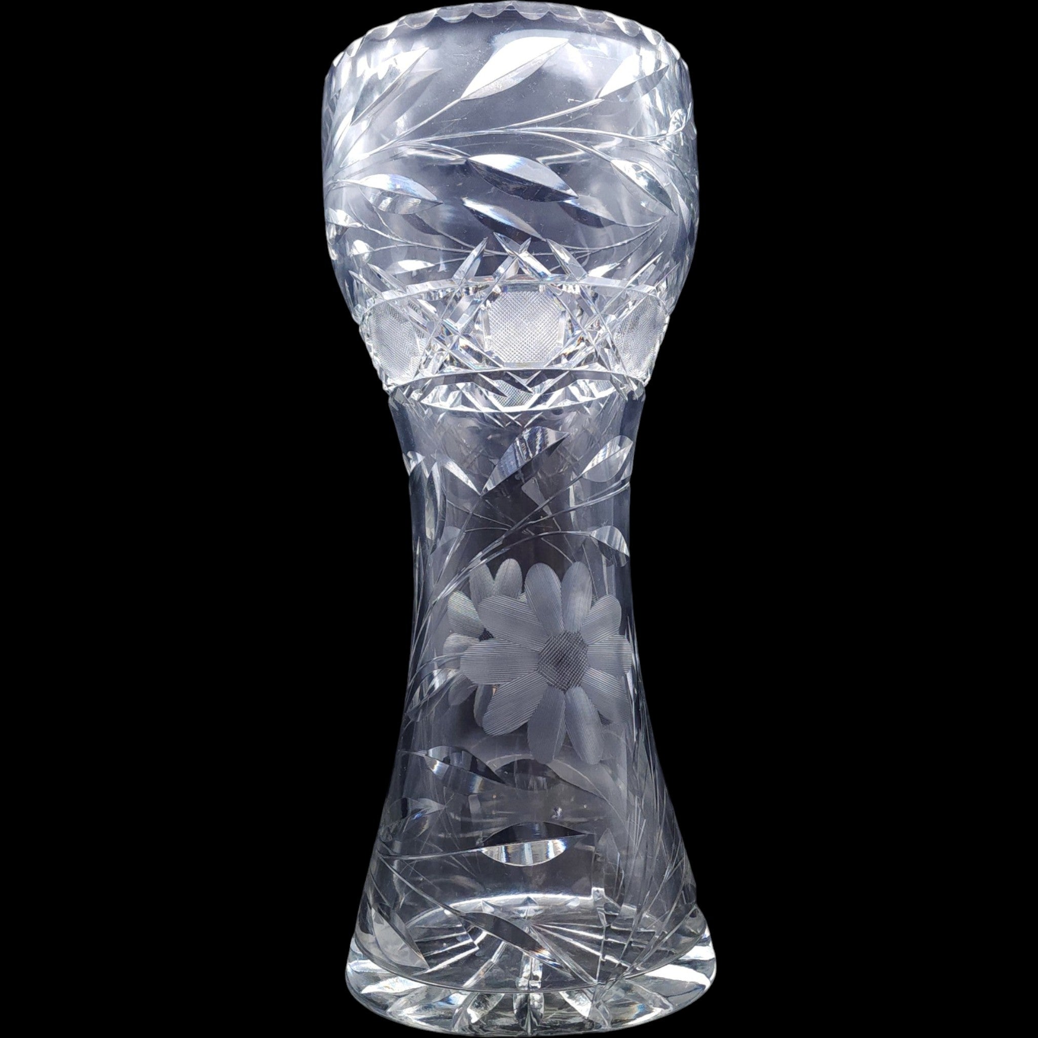 12" Antique American Brilliant Period Cut Glass Hourglass Vase Daisy Pattern