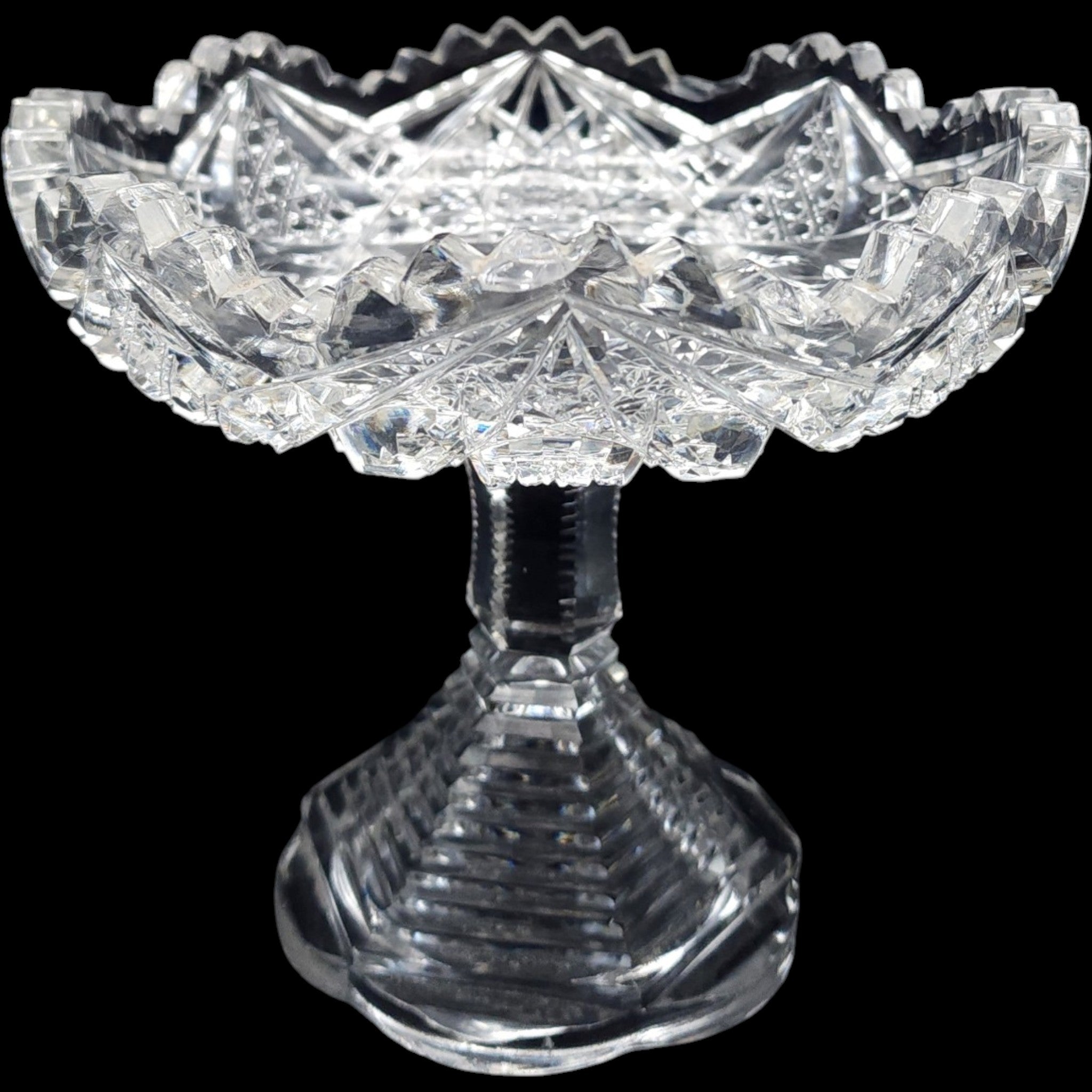 Antique American Brilliant Period Cut Glass Pedestal Compote Sawtooth Rim AS - IS
