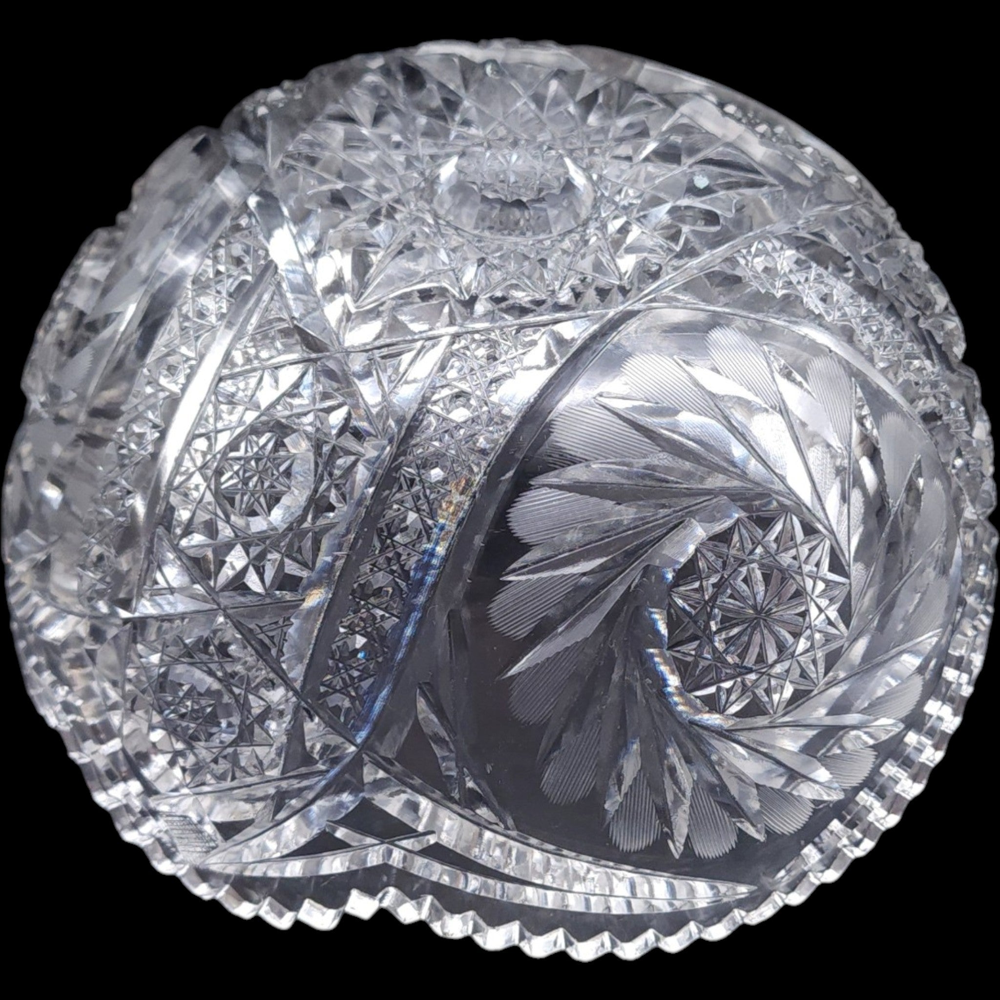 8" Antique American Brilliant Period Cut Glass Pinwheel Bowl Hobstar Pattern