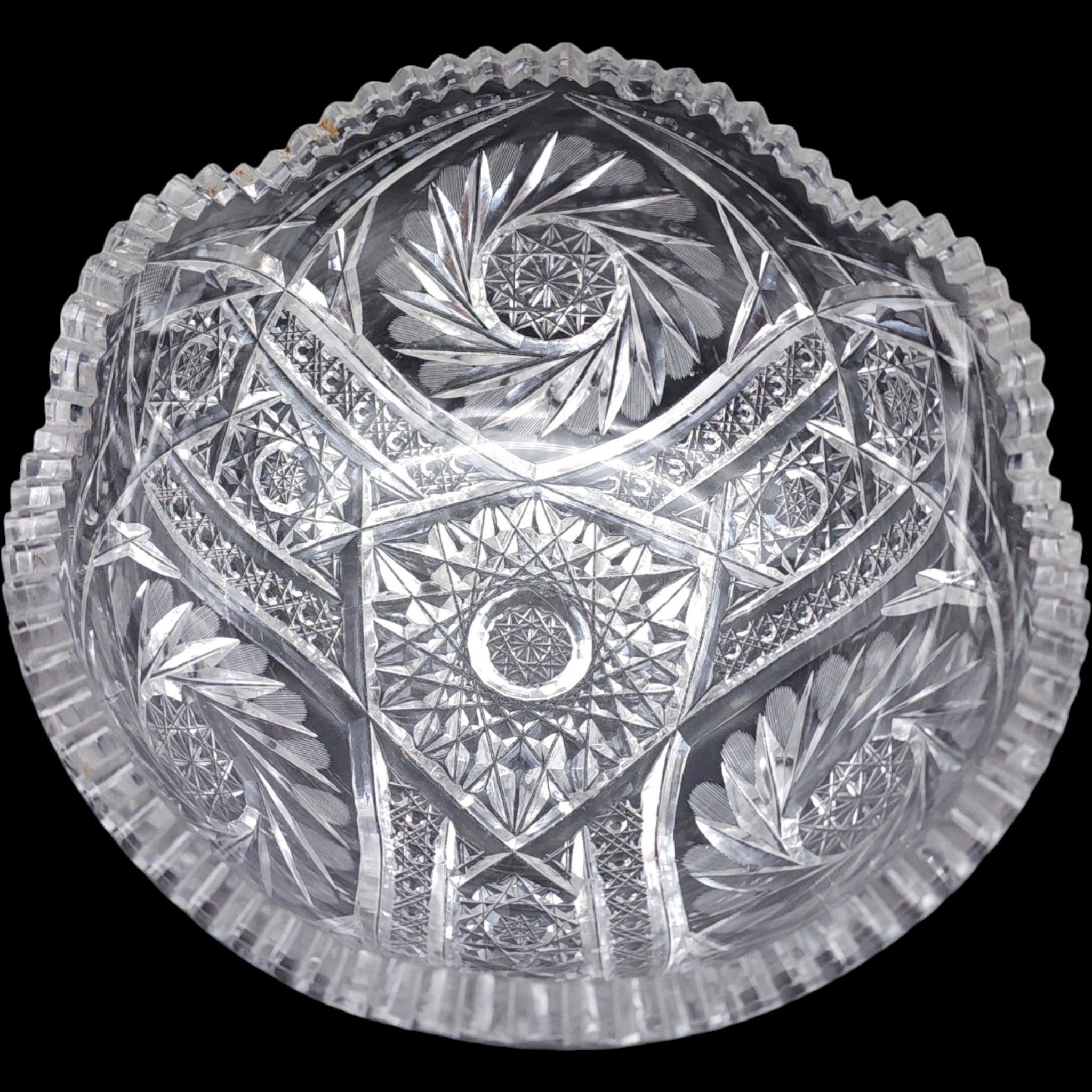 8" Antique American Brilliant Period Cut Glass Pinwheel Bowl Hobstar Pattern