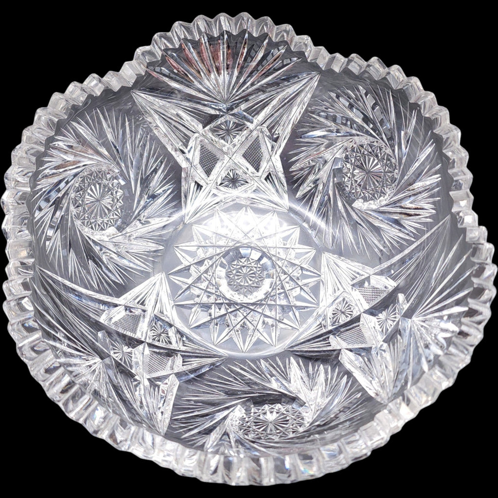 8" Antique American Brilliant Period Cut Glass Pinwheel Bowl Hobstar