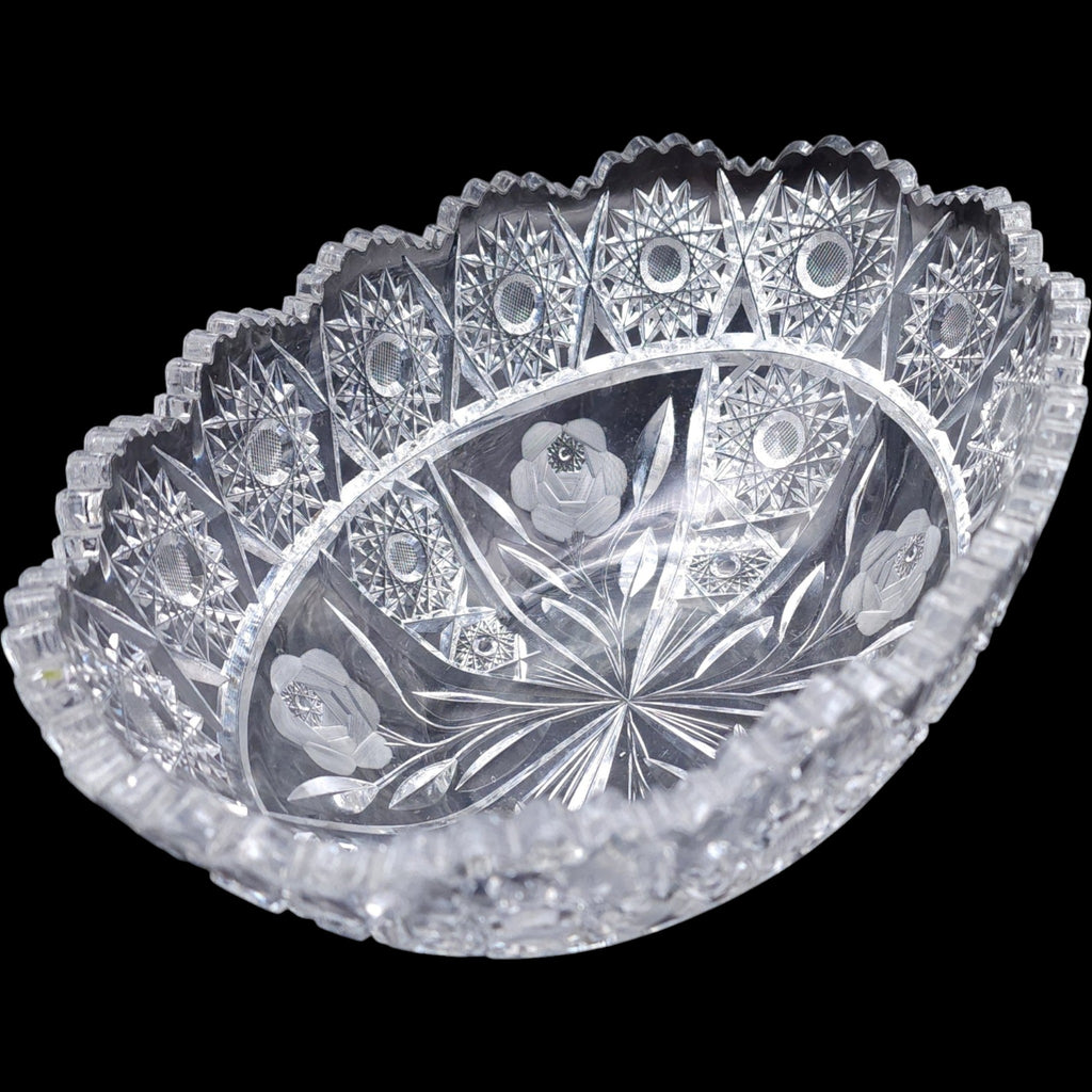 Antique American Brilliant Period Oval Cut Glass Bowl Rose & Hobstar