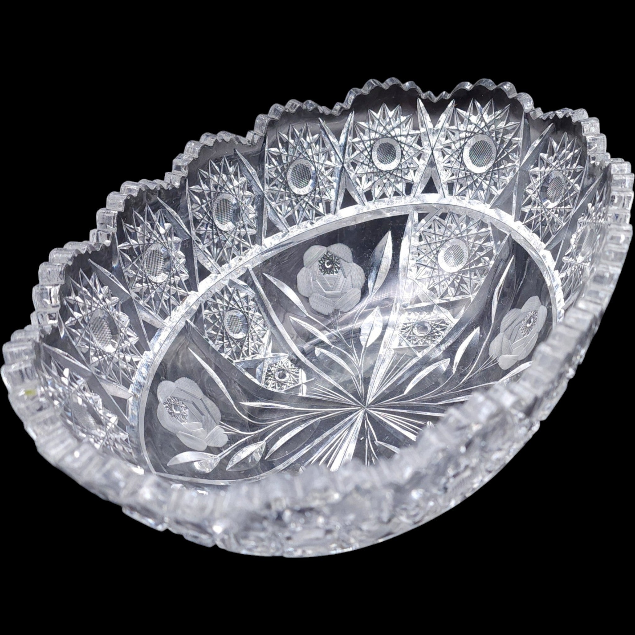 Antique American Brilliant Period Oval Cut Glass Bowl Rose & Hobstar