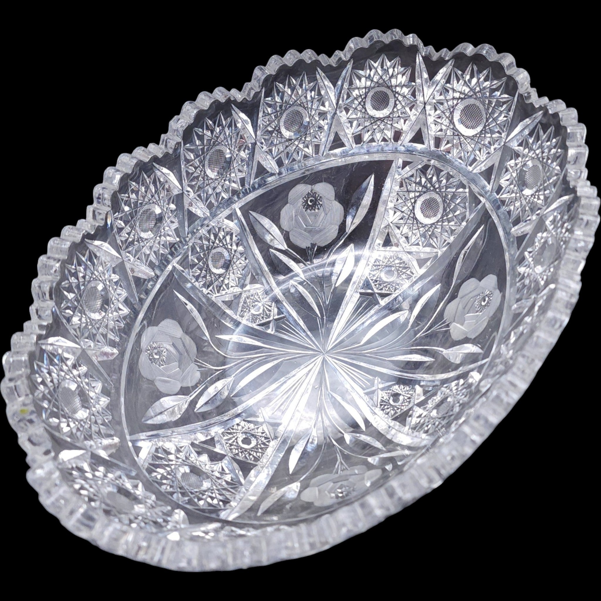 Antique American Brilliant Period Oval Cut Glass Bowl Rose & Hobstar
